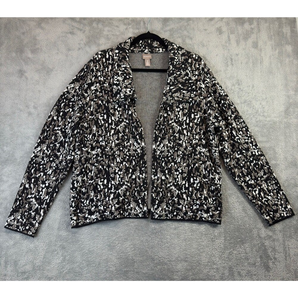 Chicos Jacket Womens 3 XL Black White Open Front Jacquard Knit Taupe Collared